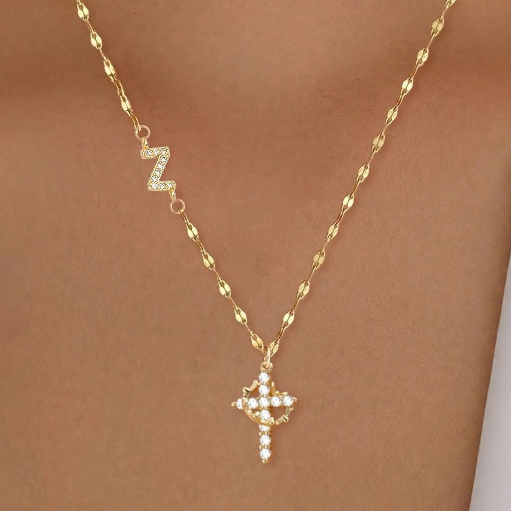 Full Diamond Rotatable Crown Cross with 26 Letter Copper Gold Plated Jewelry Accessory Necklace