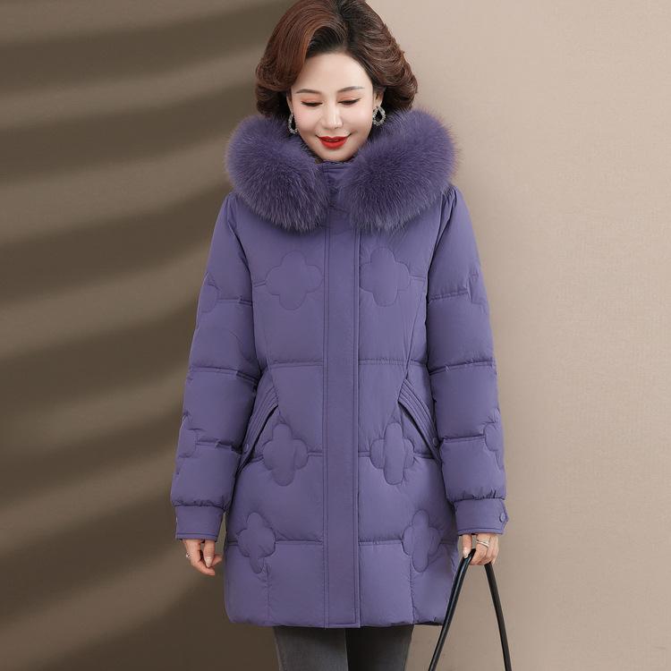 New Down Jacket Mother Women's Middle-aged and Elderly Winter Long Thick Fox Fur Collar White Duck Down Coat.
