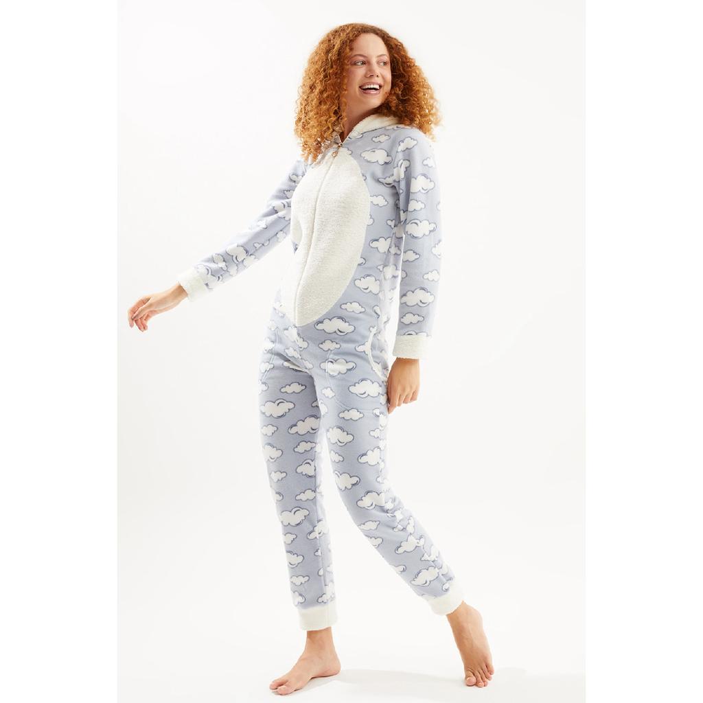 Set de pijamale cu glugă pentru femei, cu model de nor de somon, cu fermoar la spate