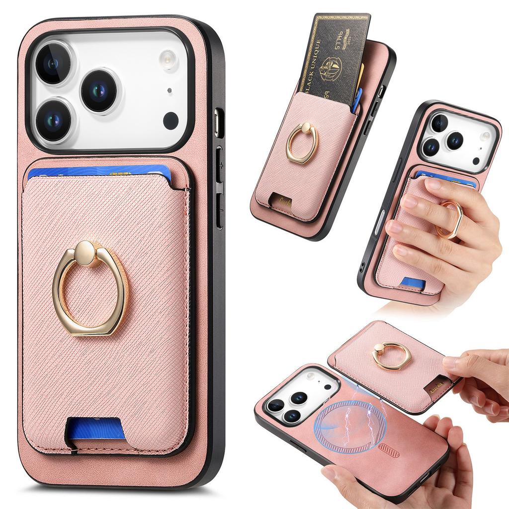 For iPhone 17 Pro Magnetic Case Detachable Card Bag Leather Back Cover with Kickstand