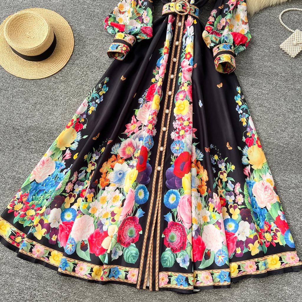 France Elegant Vintage Luxury Evening Dress Women Print  Button Long Party Dress Female Casual Chic Holiday Clothing