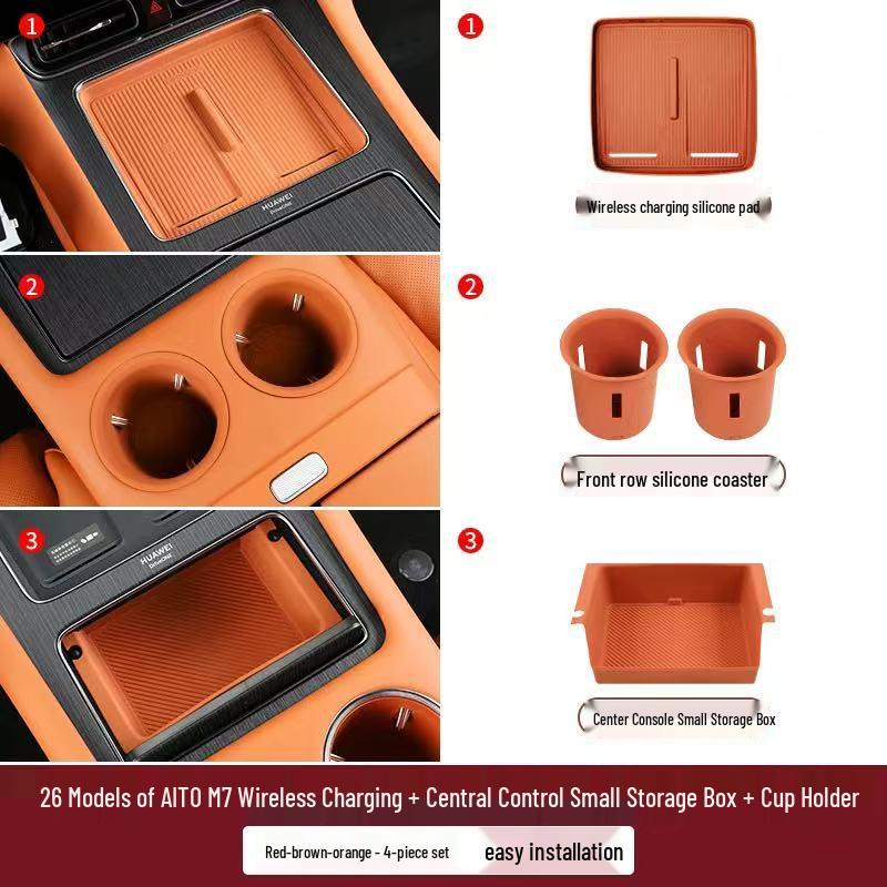 Compatible with 26 AITO M7 models, this silicone car interior set features wireless charging capabilities and decorative modifications.