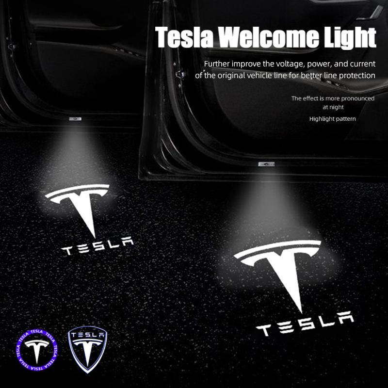 CPSSA1 2Pcs Car Emblem Door Projector Lamps HD LED Welcome Lights For Tesla Model 3 Model Y Model X Model S Cybertruck SpaceX Roadster