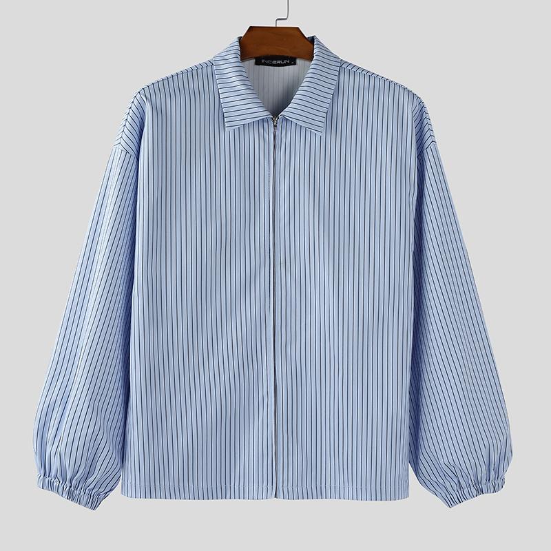 INCERUN Oversized Men Long Sleeve Striped Print Shirts Casual Loose Button Tops