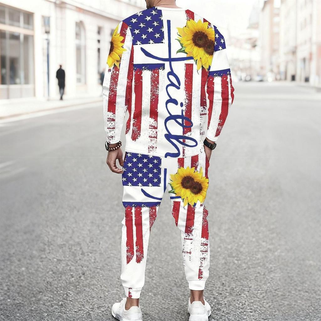 Men Sunflower American Flag Tie Dye Print Long Sleeve Sweatshirt And Drawstring Jogger Pants Two Piece Suit