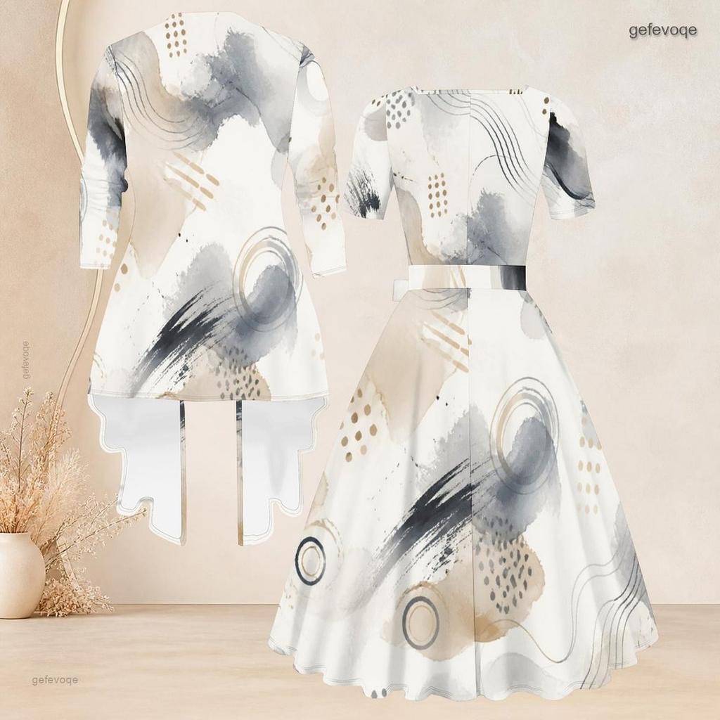 Women Plus Size Two Piece Set Abstract Printed Square Neck Tie Waist Flared Dress 3 4 Sleeve Cardigan