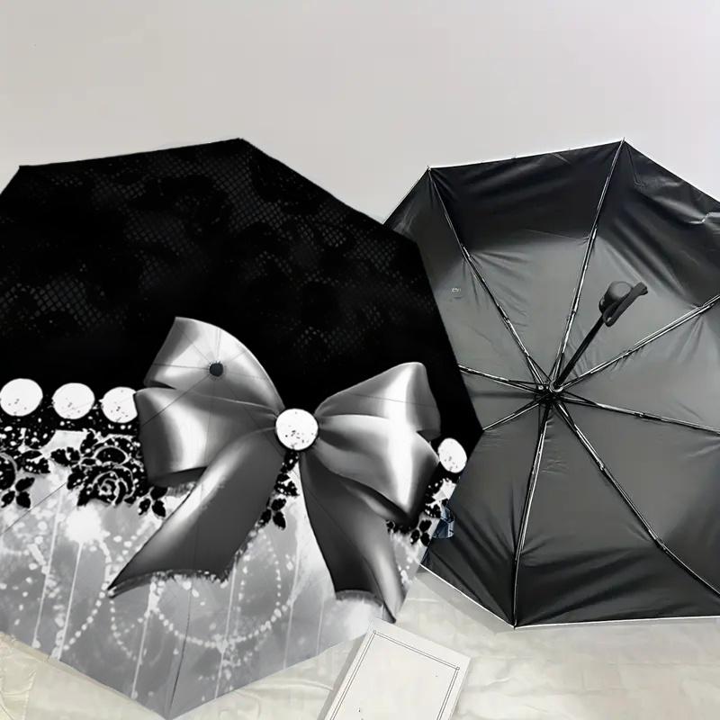 Elegant Black Lace Bow Outdoor Umbrella - Automatic Open/Closed, Portable Folding Design, 8-Rib Iron Frame, Festival Gift for Fans, Traveler
