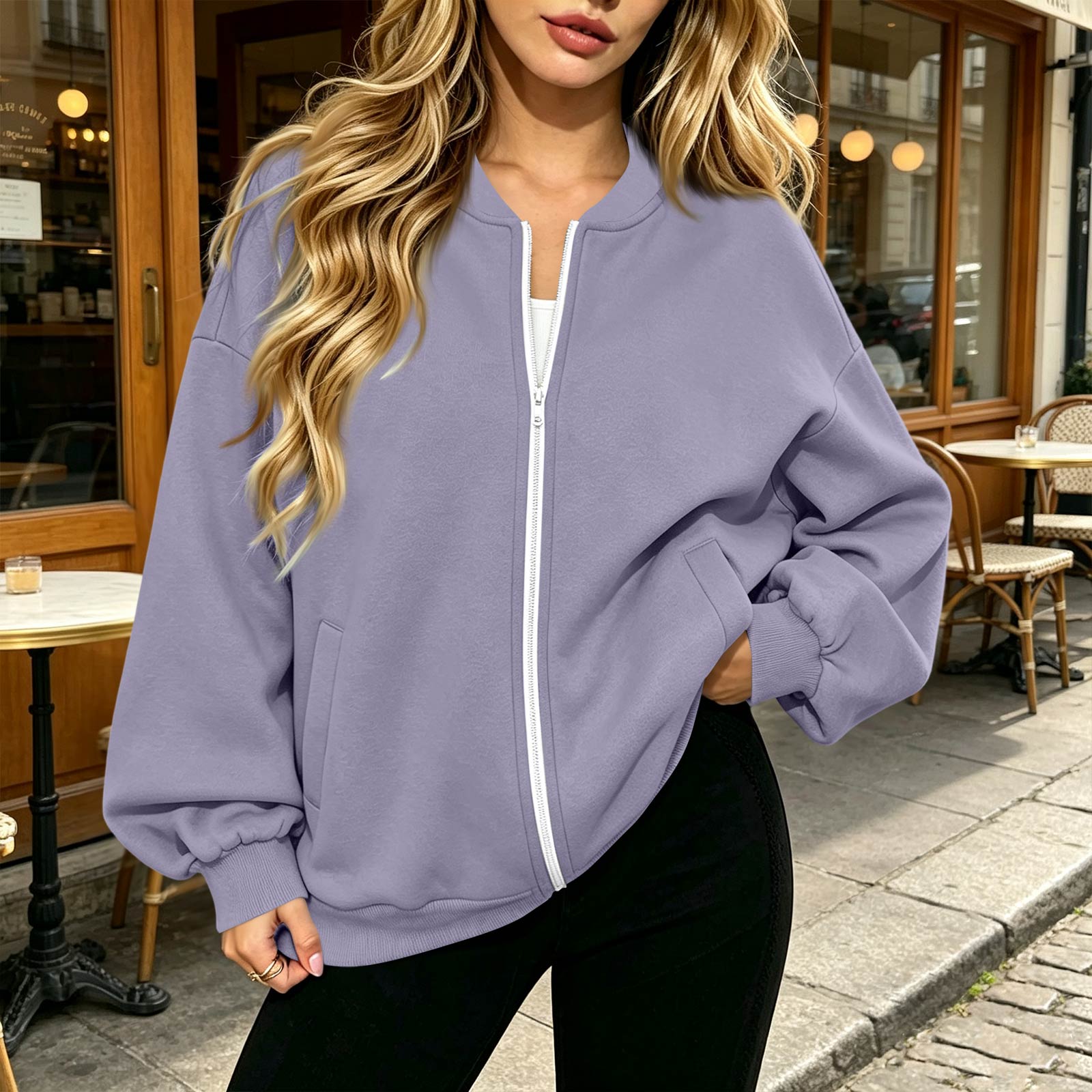Women s Long Sleeve V-Neck Zip-Up Jacket , Casual Color Loose Fit Outerwear S