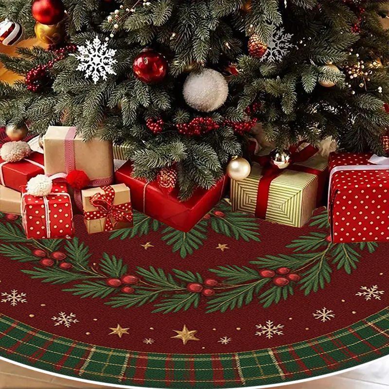 VIKAMA Christmas Tree Skirt Plaid Holly Berry Print Round Xmas Tree Mat Vintage Farmhouse Christmas Indoor Home Party Decor Rug