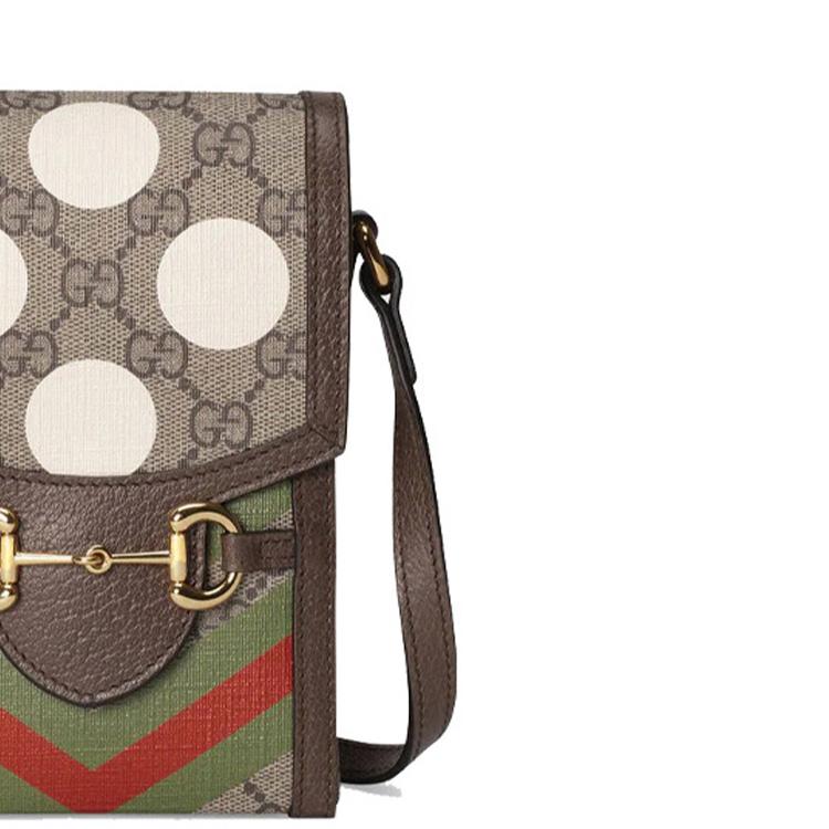 GUCCI Horsebit 1955 Canvas With Leather Cell Phone Pouch, Shoulder Bag, Crossbody Bag Mini Unisex Ebony/Brown