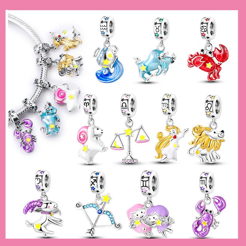 Original Copper Cute Aries Cartoon Constellation Red Cancer Luminous Pisces Charm Beads Fit Bracelet Girl Diy Gift Accessory