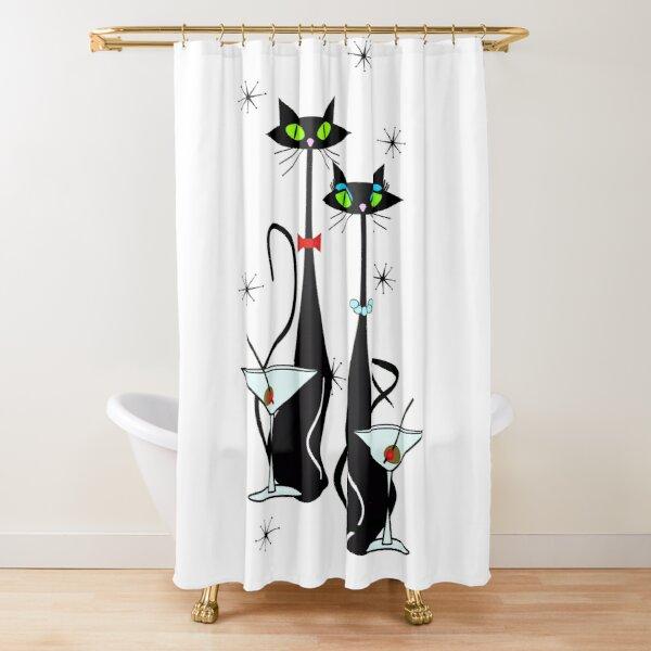 Mid Century Meow Shower Curtain Retro Atomic Cats Shower Curtain Kitty Animal Vintage Bathroom Decor Fabric Curtain with Hooks W90xH180cm