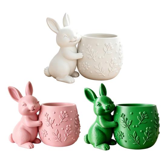 Mini Flowerpot 3D Printed Bunny Hugging Succulents Planter, Cute Rabbit Flower Pot with Embossed Planter Floral Body, Desk Decor for Office