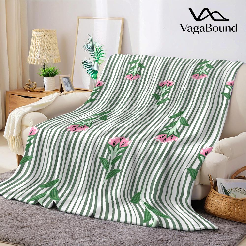 Mint Stripe Pink Bloom Flannel Blanket Warm Soft Halloween Christmas Couch Warm Cozy Decorative Decor Gift for All Season