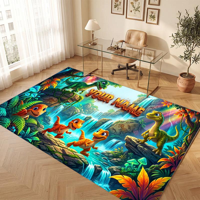 Dinosaur Theme Soft Crystal Velvet Rug Custom Name & Text Print Non Slip Floor Rug for Bedroom Living Room