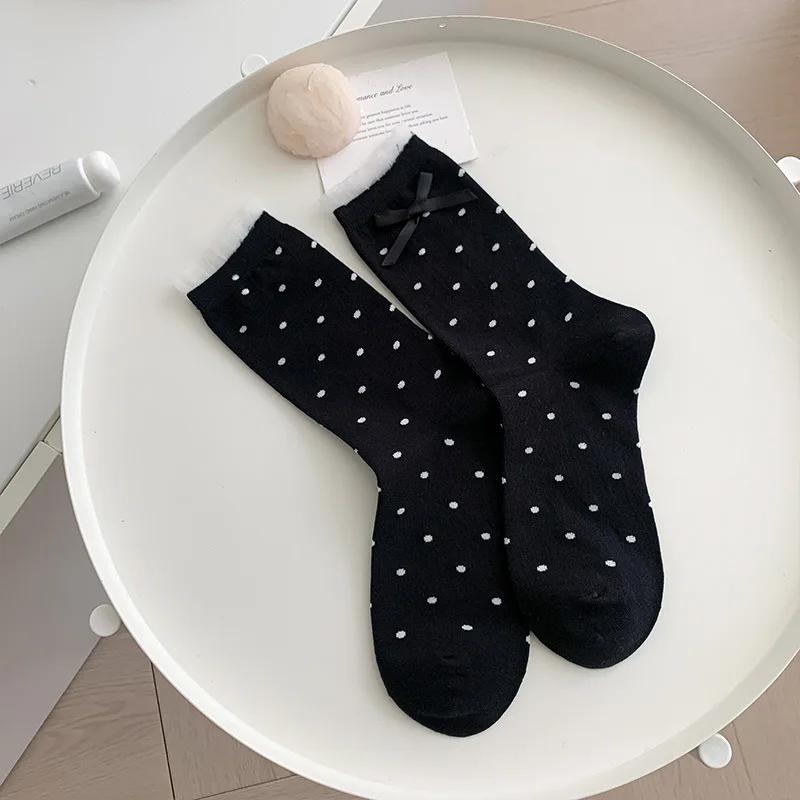 Polka Dot Socks Women Cute Bow Lolita Sweet Girls Lolita Kawaii Lace Ruffle Socks JK Japanese Style Girls Black White Long Socks