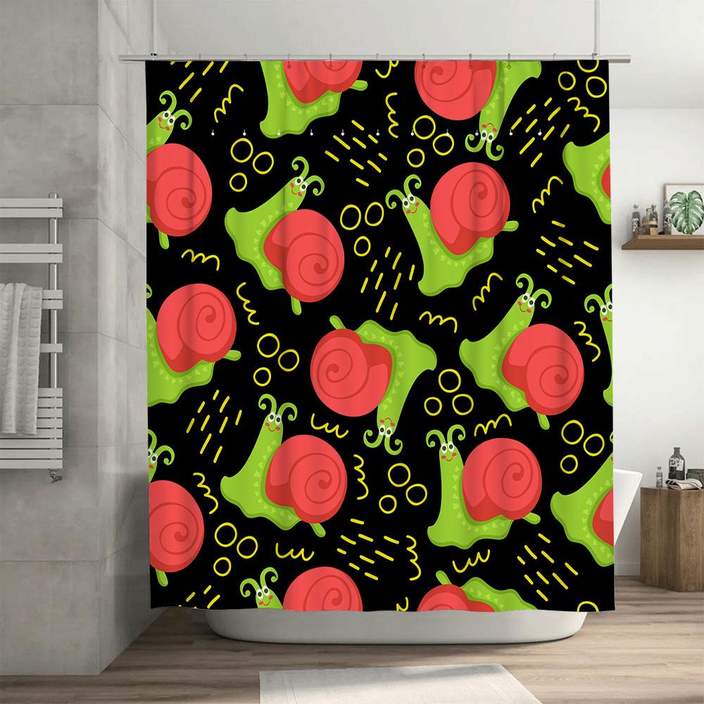 Bright Red Green Snail Print Shower Curtain Waterproof Home Decor for Bathroom Black Background (180x240cm)