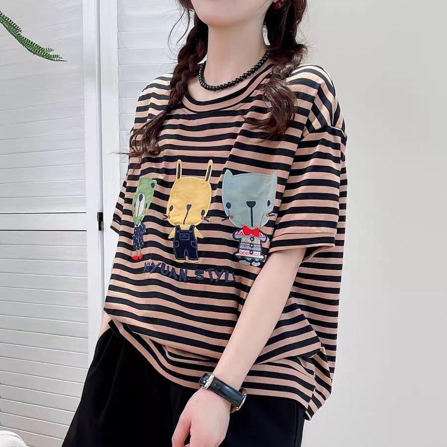 

DIMANAF 2024 Новая летняя женская футболка базовая с коротким рукавом в полоску с вышитым принтом Свободная повседневная футболка с круглым вырезом большие синие топы новая