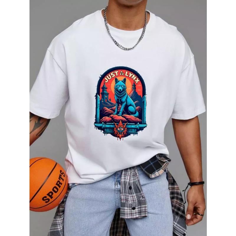 White T Shirt Just The Lynx Graphic Print with Blue Lynx and Eye Symbol Design for Casual Wear