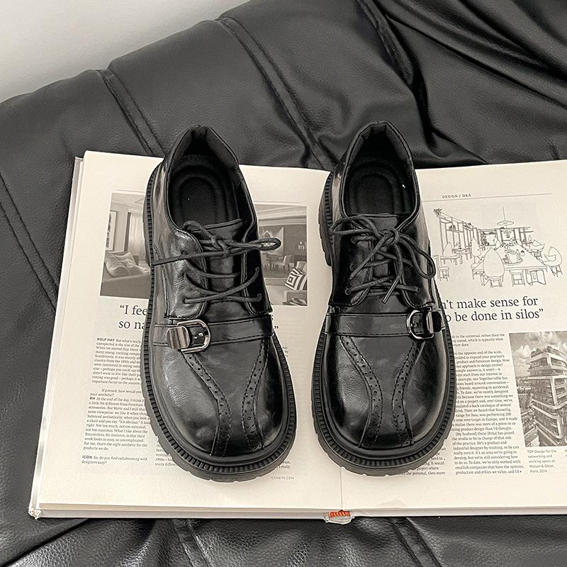 British style thick heel high heel small leather shoes women's summer fashion retro lace-up skirt single shoes thick sole shallow mouth loafers