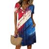 Womens Casual Button Front Dress Short Sleeve Round Neck Loose Fit Knee Length Dress with Star Print and Striped Pattern for Everyday Wear