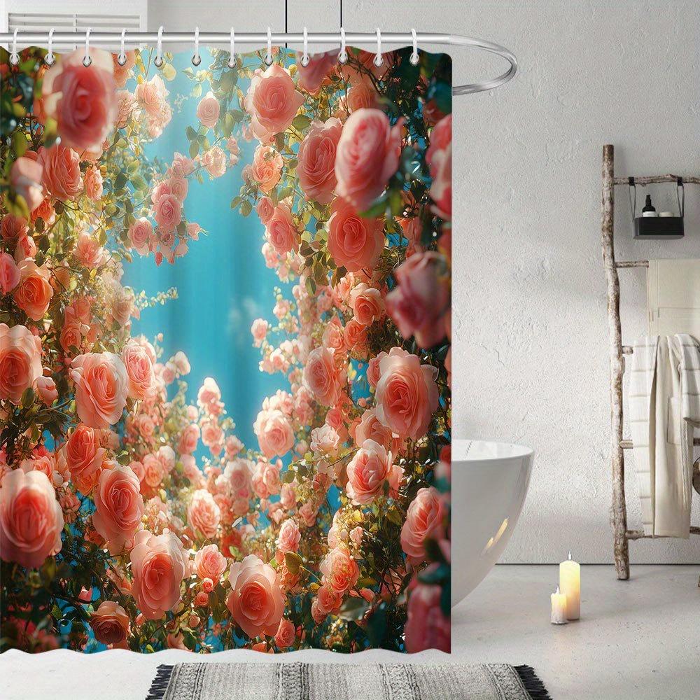 Romantisk Duschdraperi med Persikorosor - Elegant Blommig Design för ett Mysigt och Drömskt Badrum, Perfekt för att Tillföra Charm