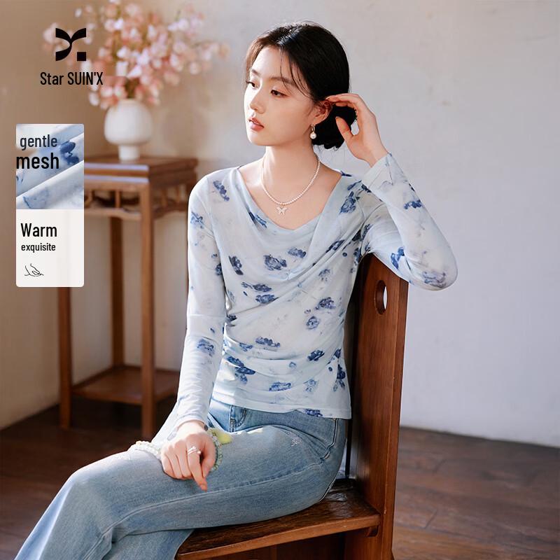 Xiangying Women s Mesh Drape Neck Floral T-Shirt S