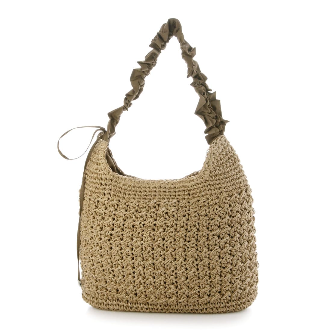 Drawstring frill handle woven tote bag