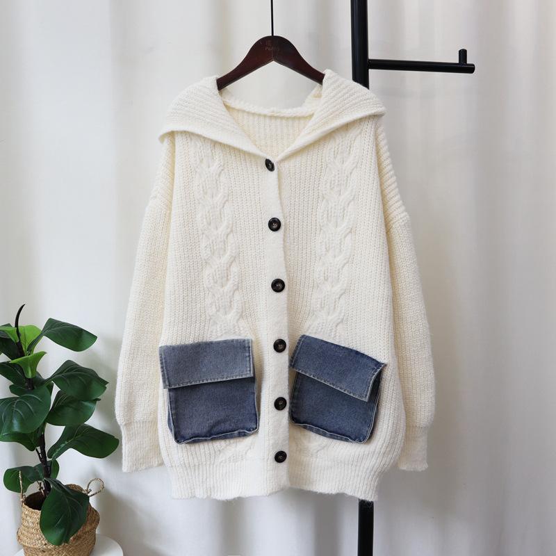 Hooded Splicing Denim Pocket Knitted Cardigan Autumn and Winter New Medium and Long Loose Sweater Jacket Women