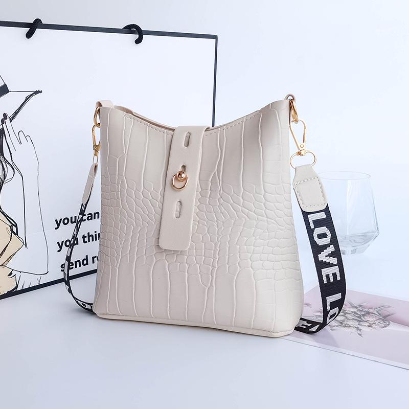 Crocodile pattern bucket shoulder crossbody women's bag versatile trend stone pattern buckle niche bag