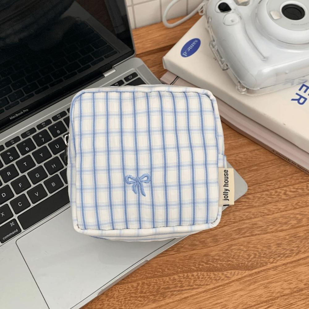 Striped Plaid Mini Makeup Bag Embroidered Multi-functional Lipstick Storage Pouch Zipper Closure Square Shape Cosmetic Bag