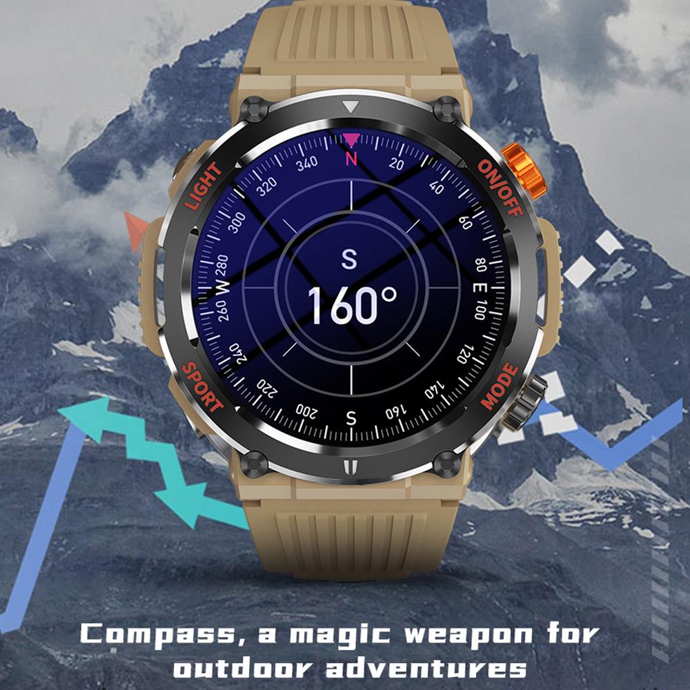 Militärische QTLLBT SmartWatch 1,46 Zoll HD LED Taschenlampe Kompass Fitness Tracker mit Funktion Sportuhr, Herzfrequenz SPO2 Kompatibel mit