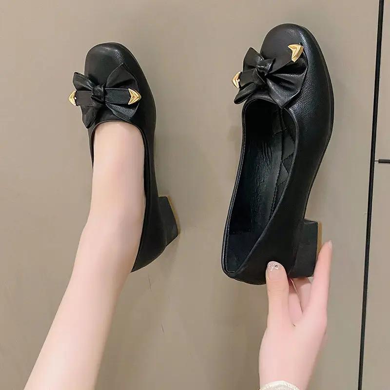 Fashion Women's Shoes Square Heels Toe Ladies Pumps with Bow Medium Popular Wholesale Chic Point on Sale Stylish High Quality Footwear