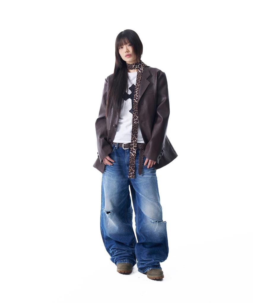 Aakam 3-Button Leather Blazer (Brown)
