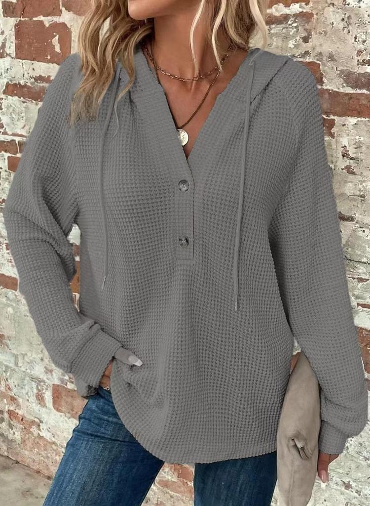 Women's Waffle Knit Hoodie V Neck Button Drawstring Hoodies Casual Long Sleeve Pullover Sweatshirt