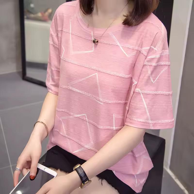 Women's Summer Short-Sleeve Loose-Fit Slimming T-Shirt Simple Commuter Crew Neck Printed Top
