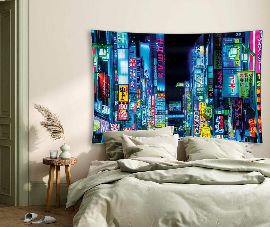 Japan Tokio Nachtlichter Wandteppich Städtische Stadtlandschaft Wandkunst Neon Glühen Dekor für Schlafzimmer Wohnzimmer Auslage