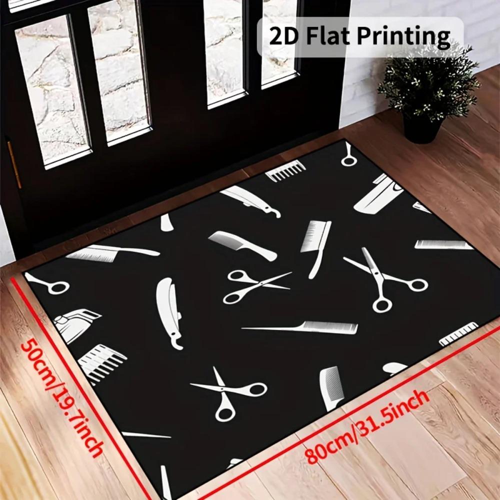 Barber Shop Tool Mat - Scissors & Comb Pattern Rug for Living Room, Hair Salon & Bedroom, Machine Washable Decor Carpet