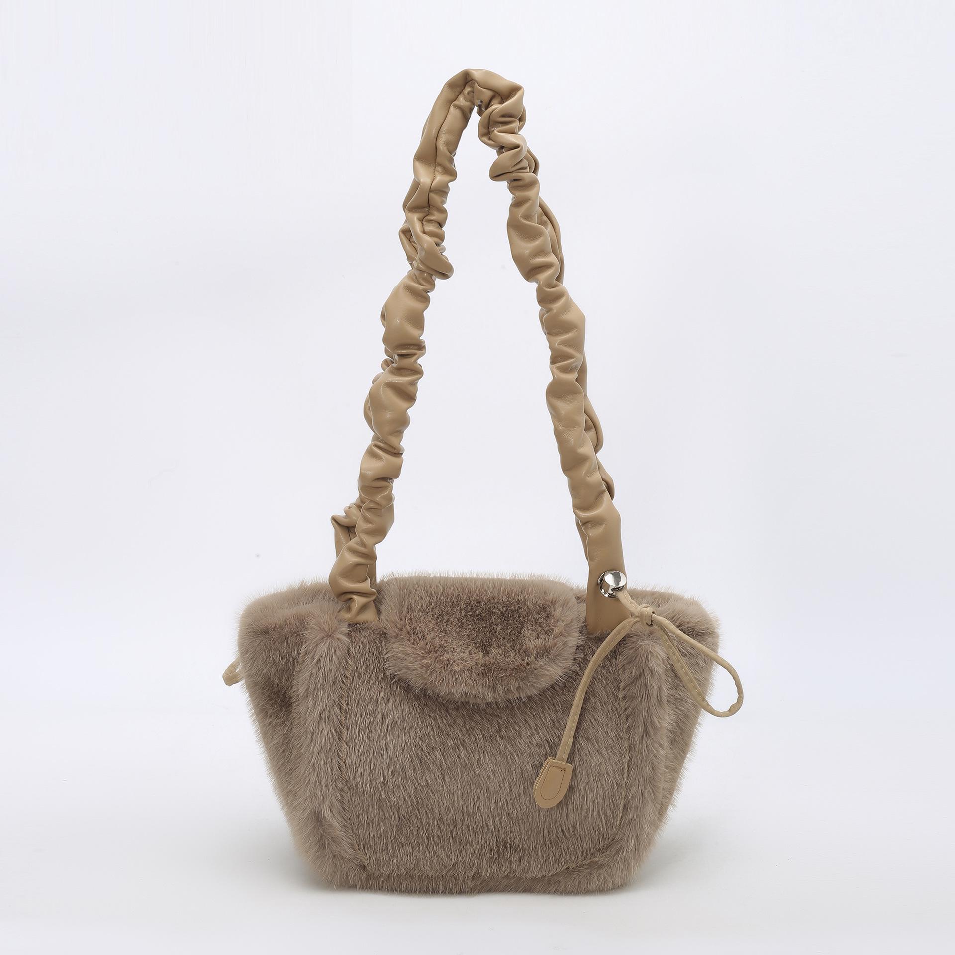 

Плиссированная плюшевая сумка большой вместимости в корейском стиле - Женская высококачественная осенне-зимняя сумка на плечо и через плечо хаки