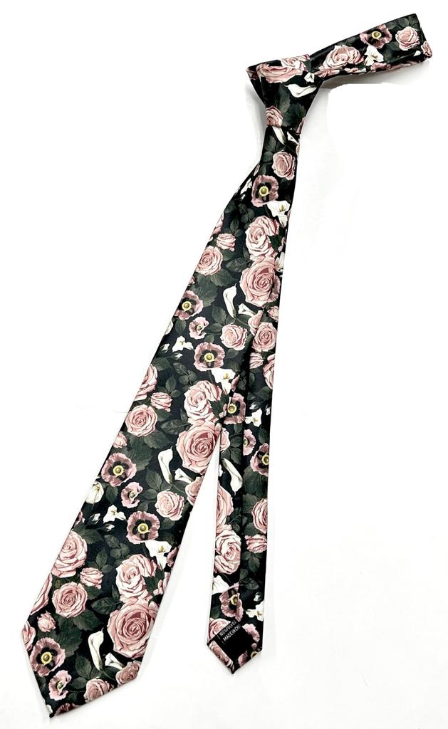 [HANG OVER] Men's Rose Tie - Floral Pattern Tie, Black, BusinessCasual, Stylish, Gift-ready, Silk-touch Polyester, 8cm Blade, tie2603-11