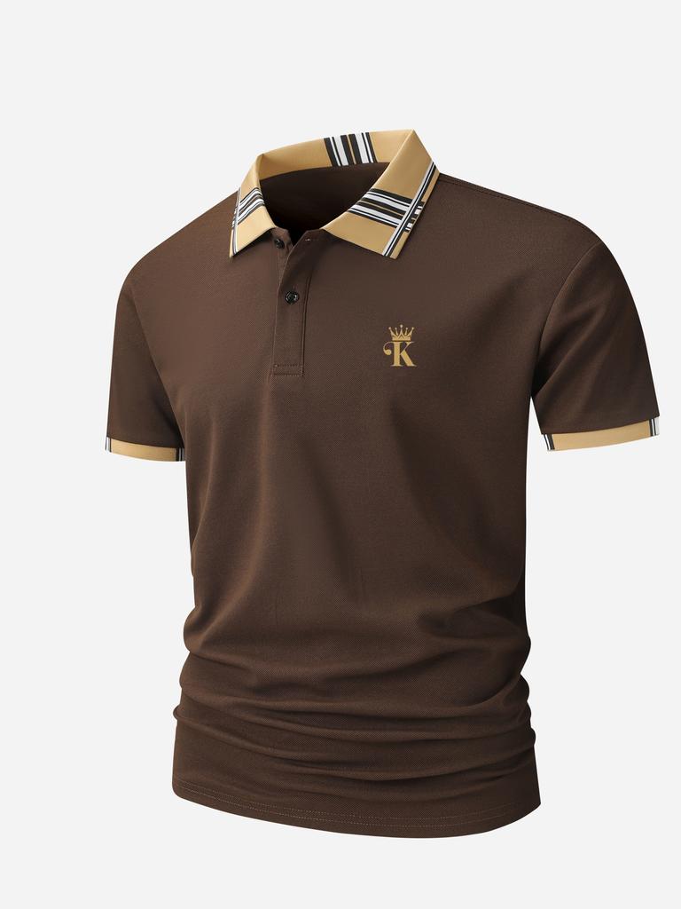 Herren Schwarzes Polohemd mit Kontraststreifen am Kragen, Krone K Buchstabe Bestickt Business Casual Kurzarm Oberteil