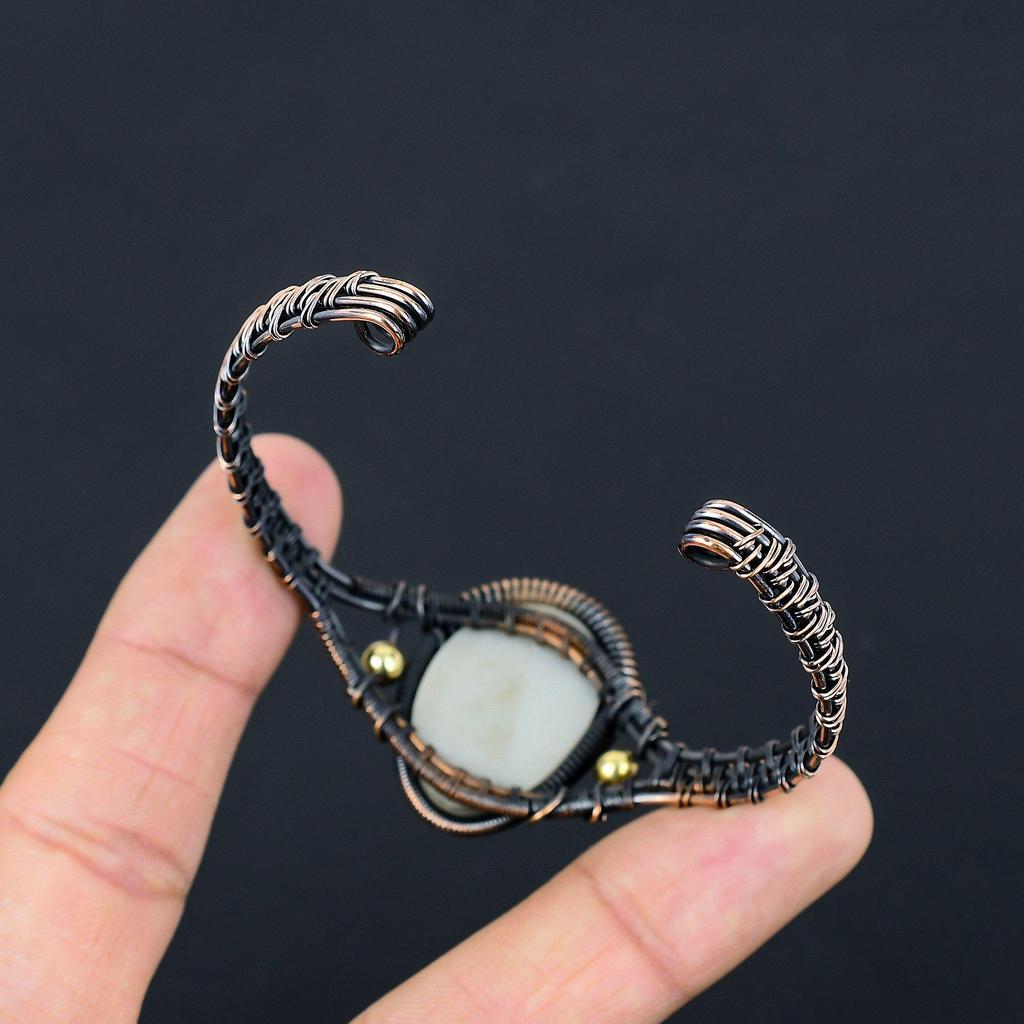 White Praying Lady Carved Bone Face Handmade Latest Design Jewelry Bangle, 999 Copper Wire Wrapped Gemstone Bangle, Gift For Sister