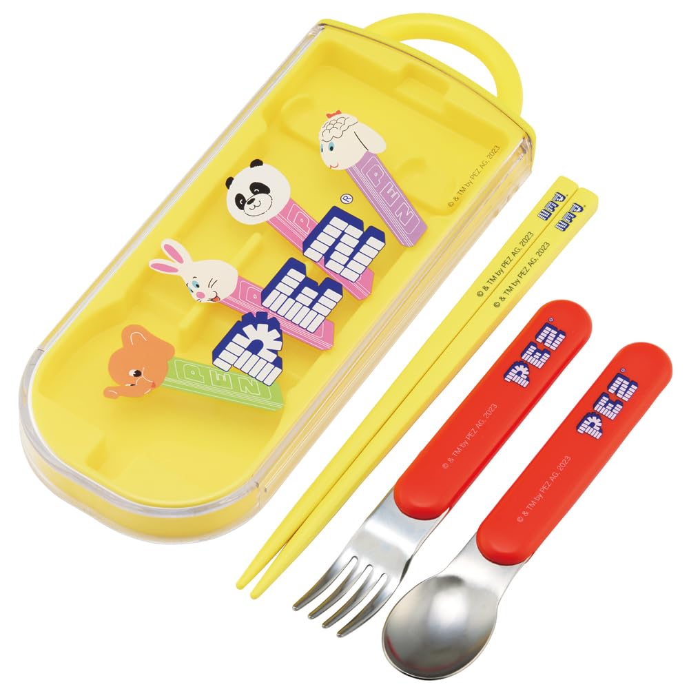 Skater Bento Trio and Made in PEZ TACC2AG Kids' Set, Chopsticks, Spoon, Fork, Kids' Cutlery, Antibacterial, Easy-Open Slide-Open, Japan,
