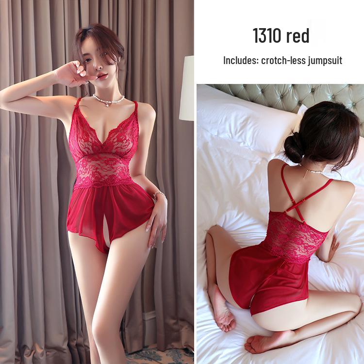 Women's Long Night Temptation Lace Lingerie Bodysuit - Open Crotch Design