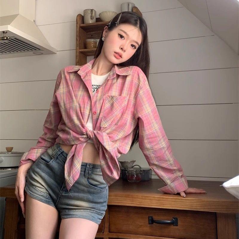 Thin Pink Plaid Shirt Woman Korean Summer Autumn Loose Speical Design Blouses Oversize Long Sleeved Lapel Collar Blusas