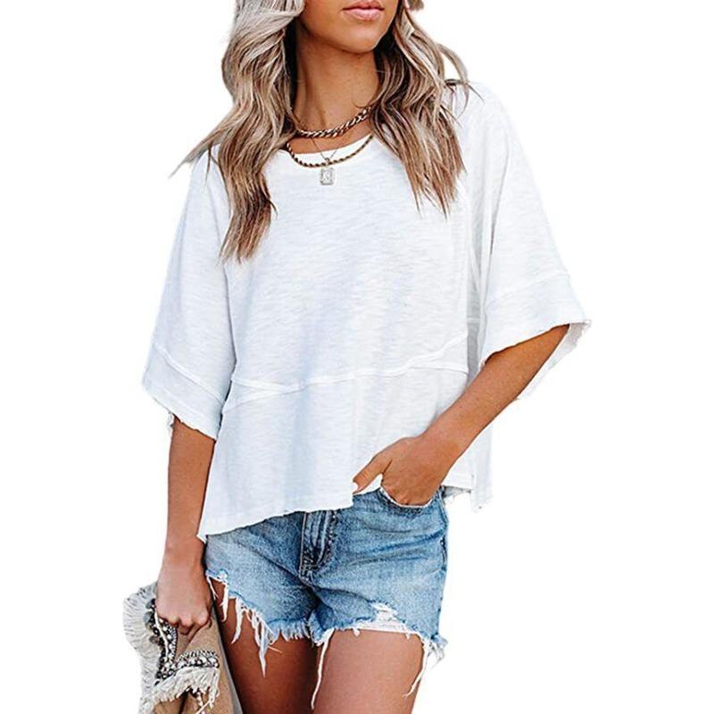 Genähtes Unifarbenes Rundhals Cropped Ausgestellte Ärmel Stilvolles Oberteil T-Shirts Damen