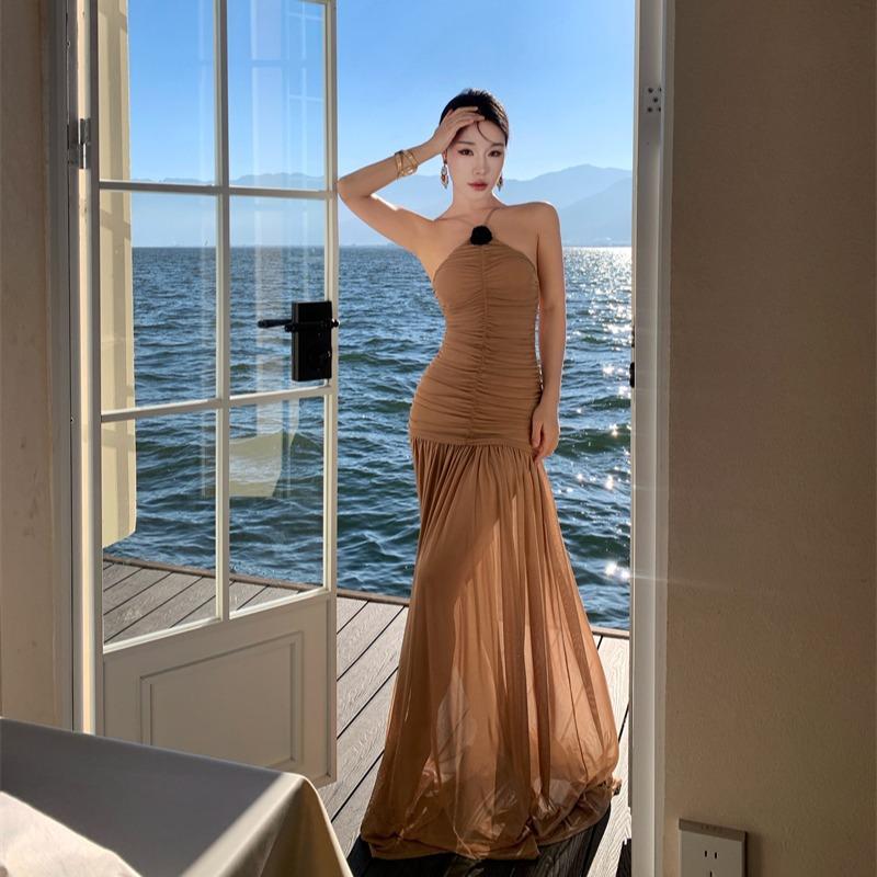 Seaside Vacation Neck Sling Dress Women s Waist Slim Fit High-end Birthday Dress S хаки