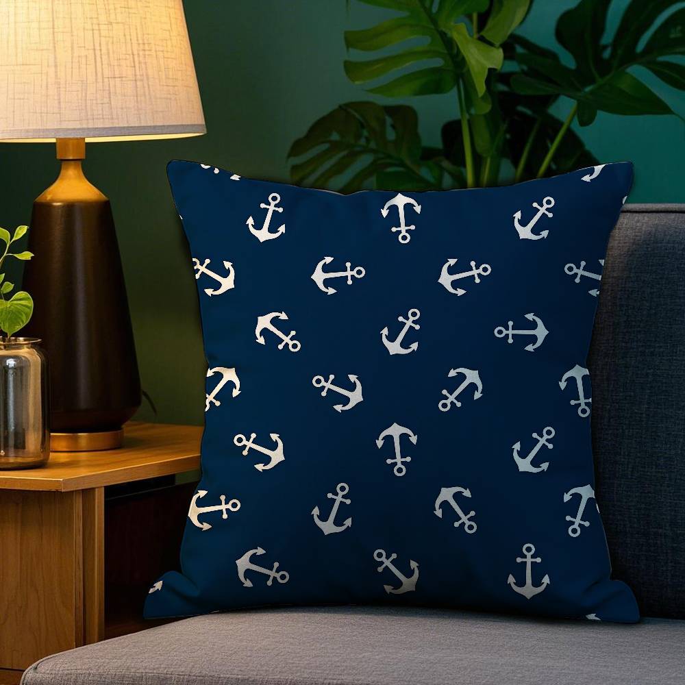 Home Decor Blue Nautical Anchor Pattern Throw Pillow Cover Pattern Cushion Cover Suitable for Sofa Bedroom Car Pillow Cover