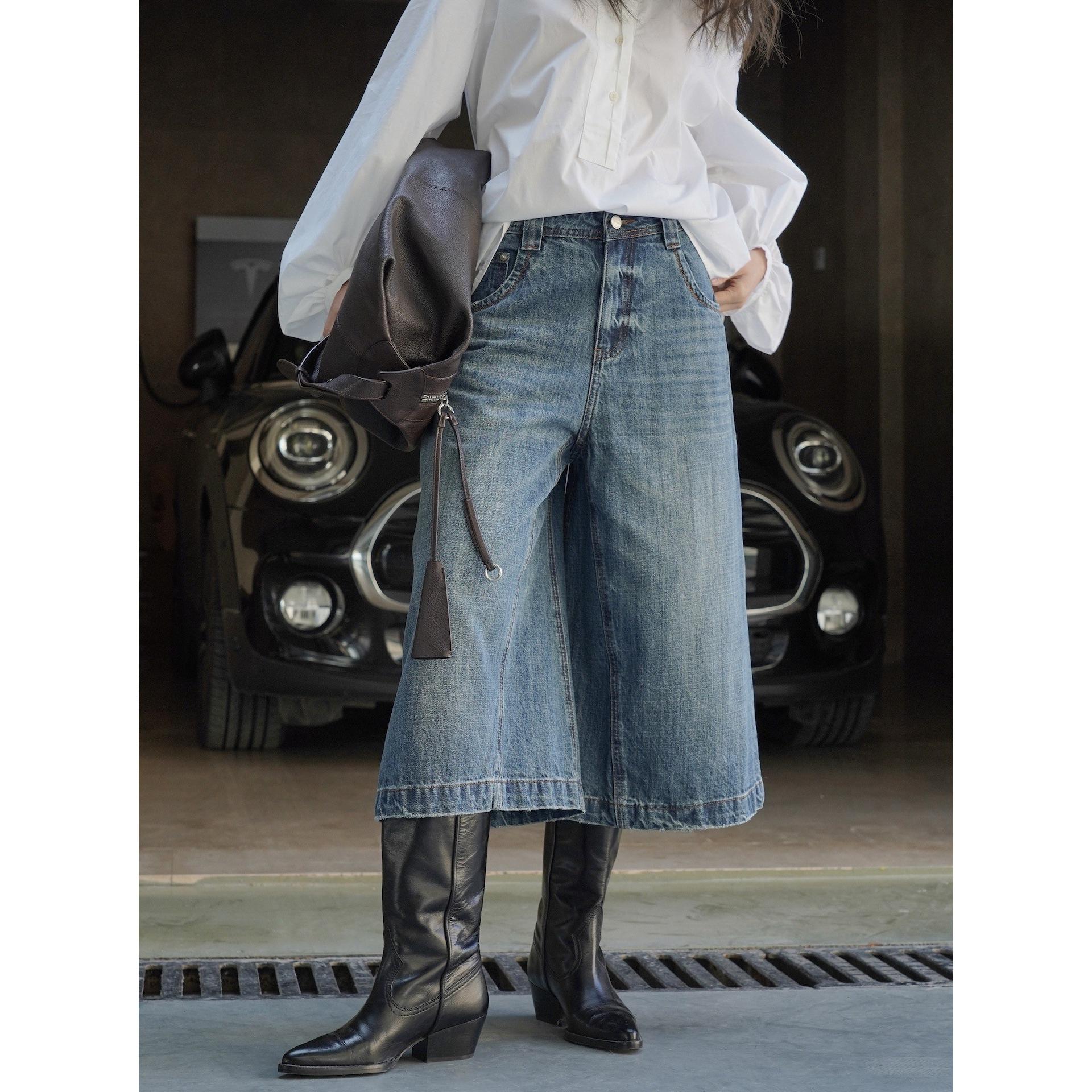 

Johnature Модные корейские джинсы средней посадки Женские брюки Модные свободные повседневные Весенне-летние укороченные брюки L синий