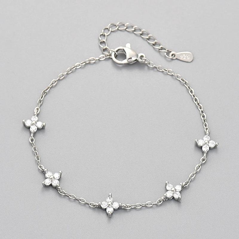 925  Silver Shiny Zircon Flower Bracelets For Women Charm Temperament Chain Bracelet Party Wedding Jewelry Holiday Gifts серебряный